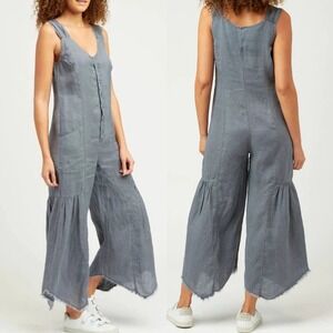XCVI Fang Sharkbite 100% Linen Gray Wide Leg Cropped Jumpsuit Size M Raw Hem